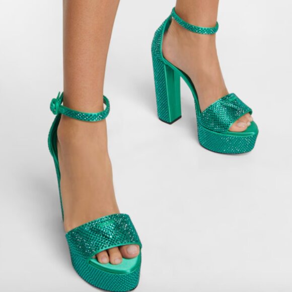 Prada Green Embellished Platform Heels Logo Satin Open Toe Sandals - Picture 1 of 5